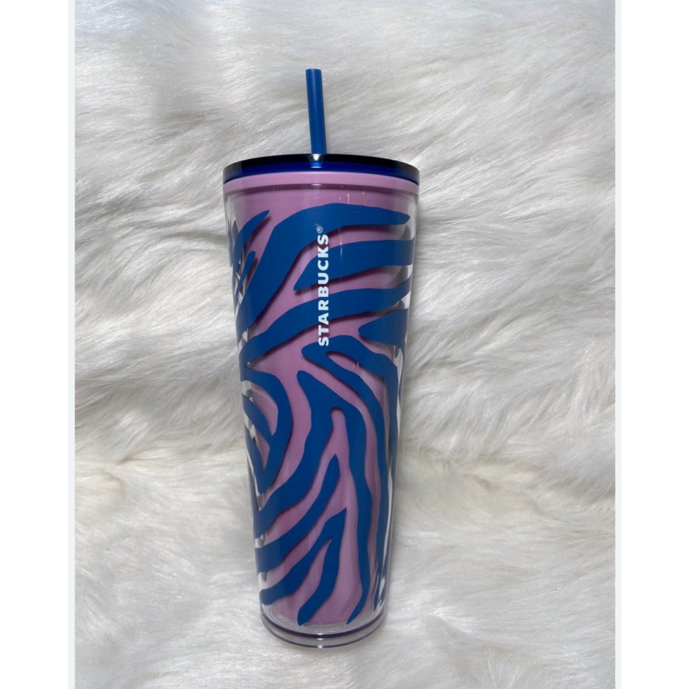 EUC Starbucks 2021 Pink & Blue Zebra Print Acrylic 24 Oz Venti Tumbler‎ Cup